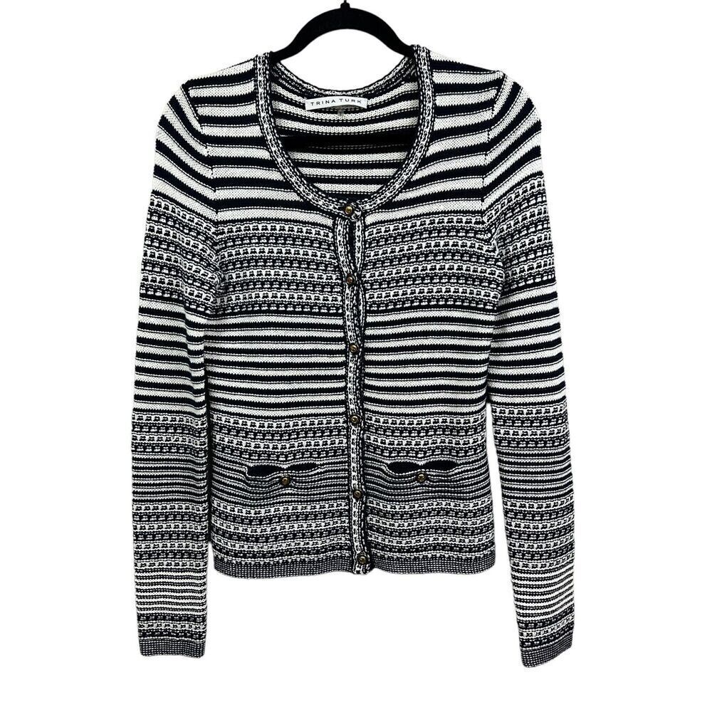 Trina Turk Cardigan Sweater Striped Navy White Gold Buttons Pockets Women Sz S*